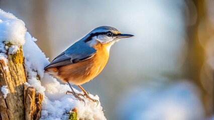 Silhouette of nuthatch perched on tree trunk in winter