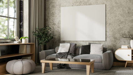 Interior design of a modern grey apartment living room features a grey sofa and modern home decor.