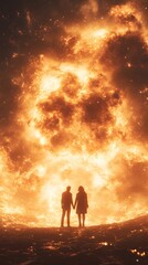 Fototapeta premium Silhouetted couple holding hands against a fiery backdrop, creating a dramatic scene.
