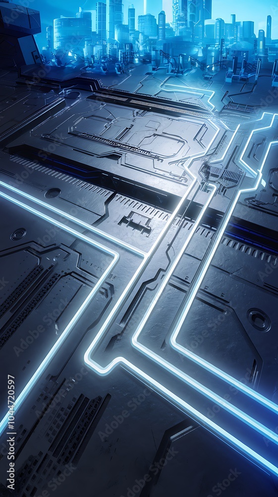Aufkleber futuristic sci-fi landscape featuring glowing circuitry and a dystopian cityscape in a visually stri
