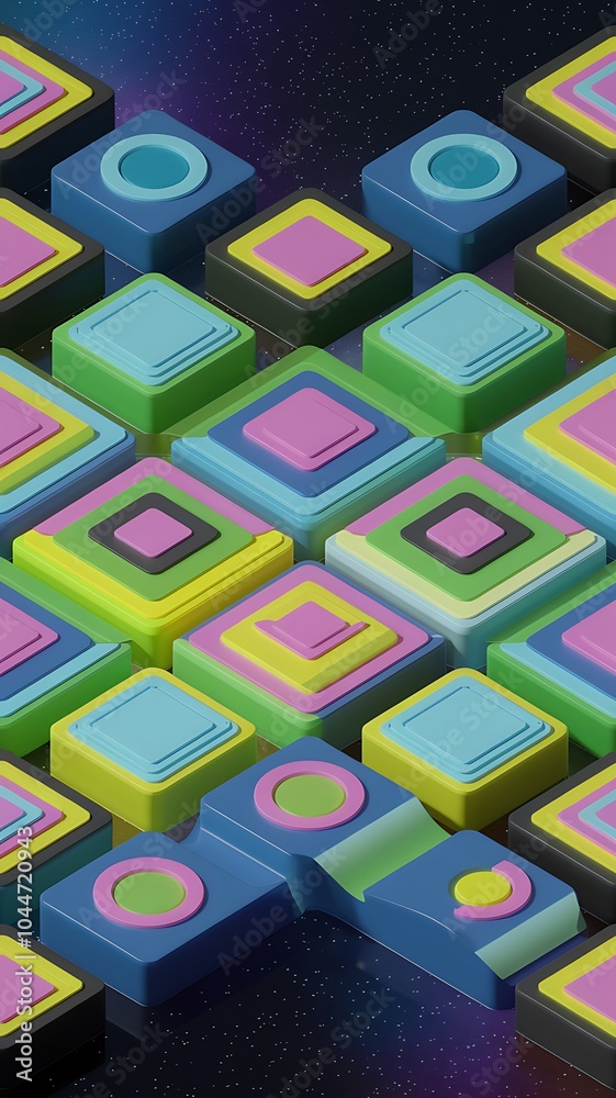 Poster Exploring a vibrant retro pattern landscape with bold geometric shapes and colorful dimensions in a cosmic setting