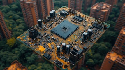 Obraz premium A circuit board hovers above a city, representing the interconnectedness of technology and urban life.