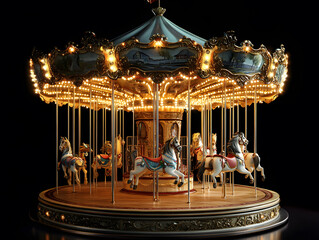 Fototapeta premium A festively decorated Christmas carousel with horses isolated on black background