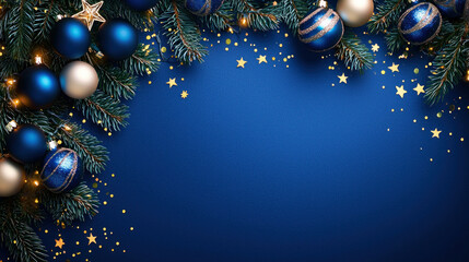 Festive cobalt blue background with christmass decoration and copy space, Happy New Year	