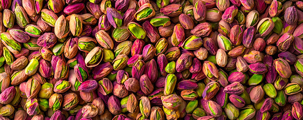 A colorful top-view image of unpeeled pistachios, showcasing their varied hues of purple, green, and brown,