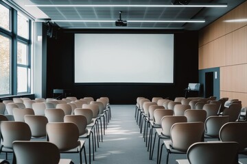 Empty modern conference room with large blank presentation screen