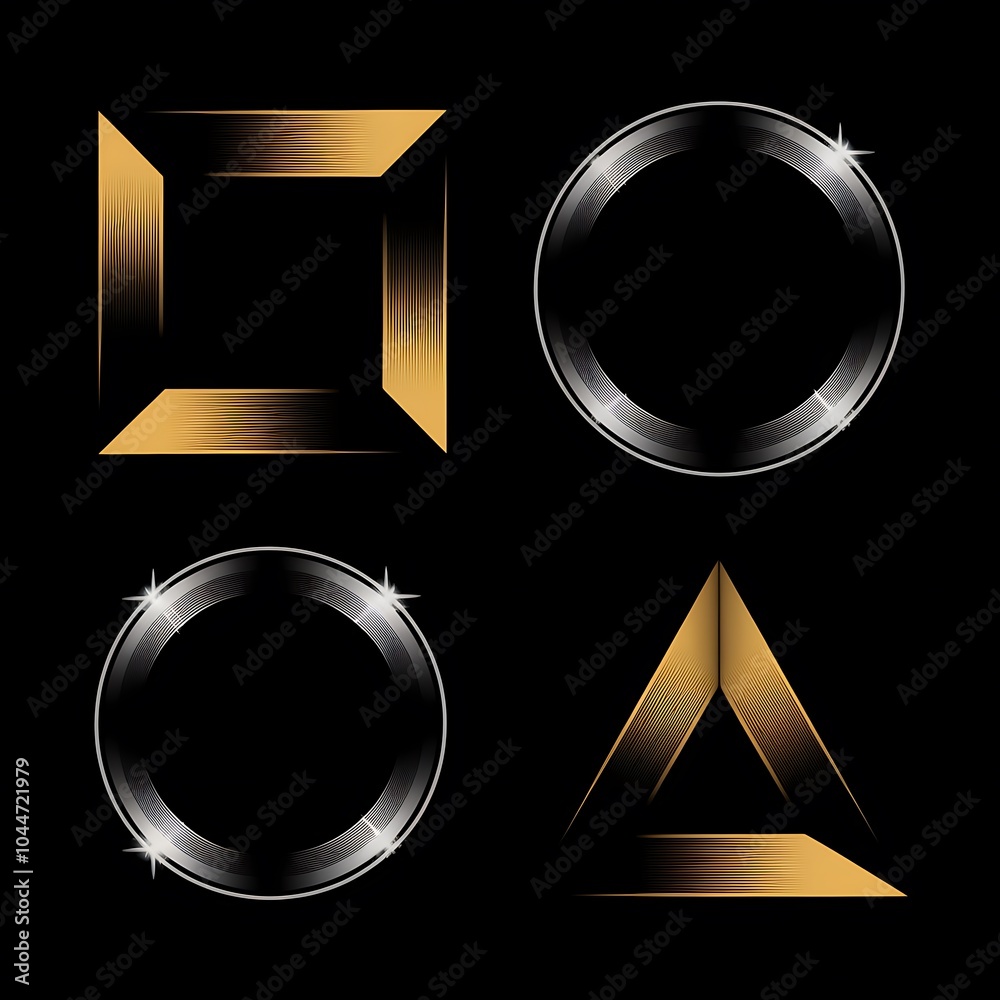 Poster elegant set of geometric shapes featuring metallic highlights on a black background for modern desig