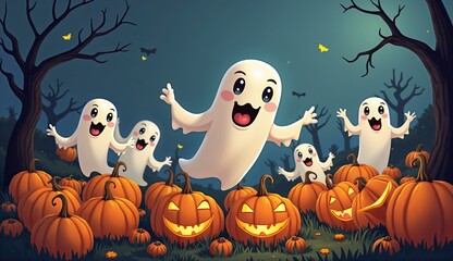halloween background with Ghosts, pumpkins and bats
