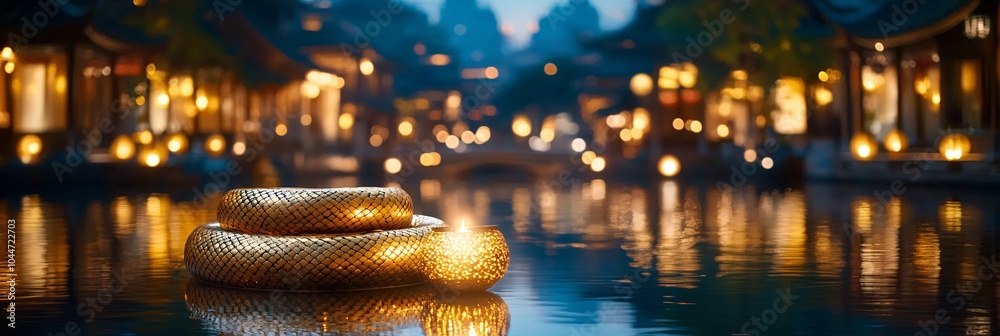 Poster Golden snake intertwined with subtle geometric shapes in a minimal festive scene with glowing lights and lanterns Stock Photo with side copy space