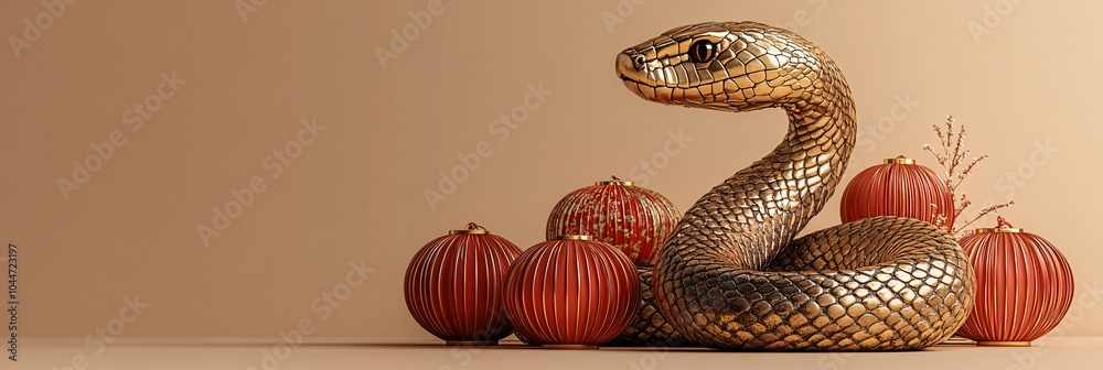 Poster a golden snake intertwined with minimalist red lanterns against a light beige background representin