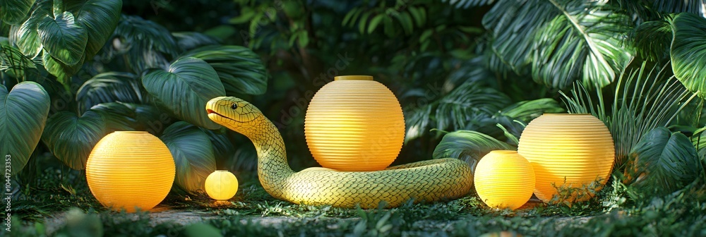 Poster Elegant snake in a minimalistic design twisting alongside geometric shapes and simple lanterns for a contemporary Chinese New Year feel Stock Photo with side copy space