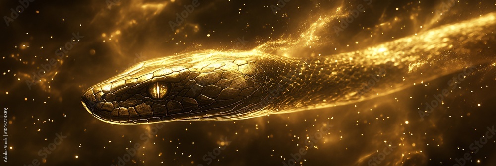 Poster A sleek abstract snake in gold tones subtly placed with delicate festive fireworks and modern typography 2025 Stock Photo with side copy space