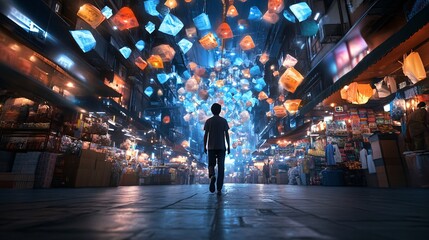 Person Walking Through a Colorful Market