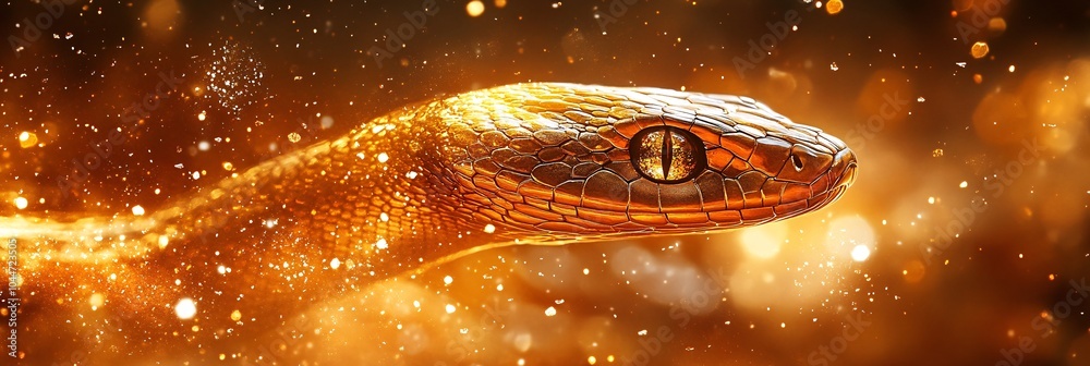 Poster a sleek abstract snake in gold tones subtly placed with delicate festive fireworks and modern typogr