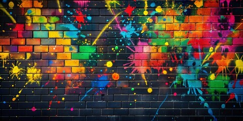 Abstract colorful paint splatters on black brick wall
