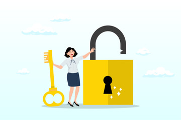 Golden key to unlock, solve business problem, professional to give solutions, success business key or unlock business accessibility concept, smart businesswoman holding golden key to unlock the pad © Art of Ngu