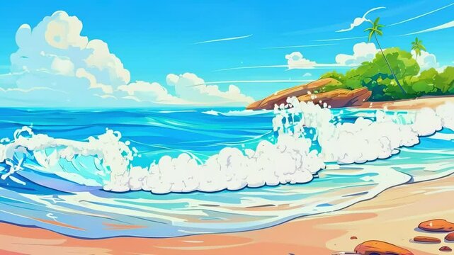 Cartoon The gentle movement of waves on a coral beach
