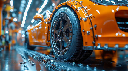 A sports car on a high-tech assembly line, with a focus on the wheel and advanced manufacturing...