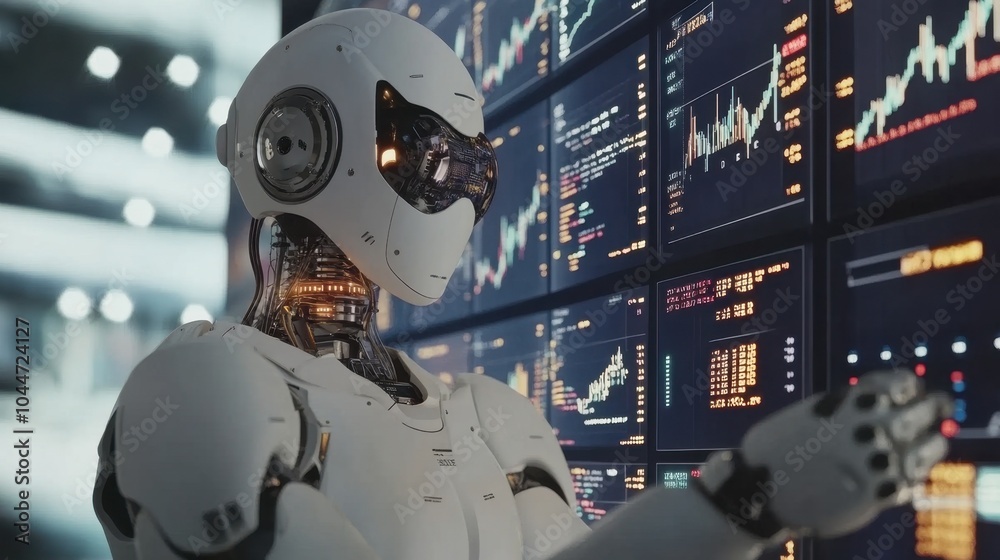 Poster robot expertly handling multiple screens displaying global stock charts and investments, symbolizing