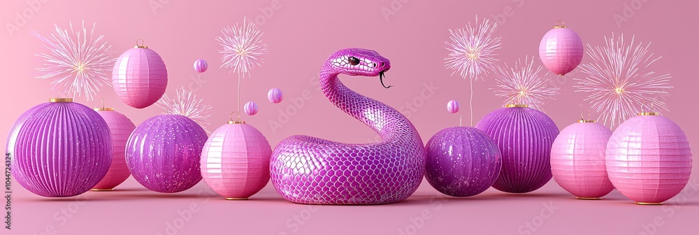 Leinwandbilder elegant curving snake placed centrally in a minimalist festive scene with subtle fireworks and lante