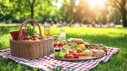 A picnic basket with food on a red and white checkered blanket in a park.