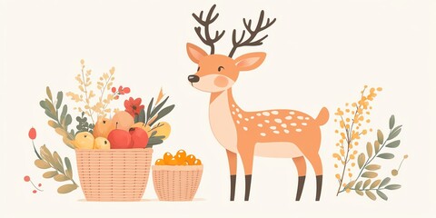 Obraz premium Charming deer, bouquet and food in basket, flat design