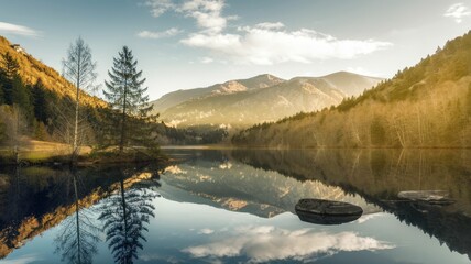 Fototapeta premium Serene reflection a tranquil lake surrounded by majestic mountains and lush forests at sunset in nature's embrace