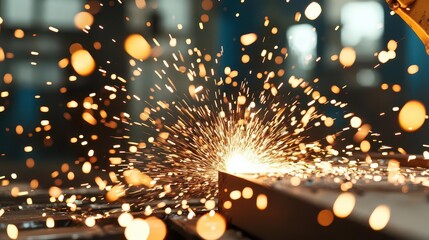 A close-up of metalwork showcasing vibrant sparks flying during a welding process in a workshop setting.