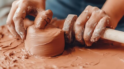 A close-up of hands shaping clay on a pottery wheel, highlighting the artistry and creativity involved in pottery making.