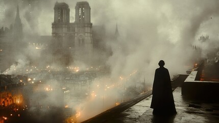 Silhouette of a Figure Against the Foggy Cityscape of Paris