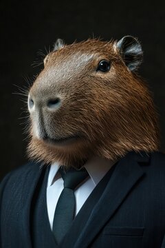 A professional capybara portrayed in a suit within a distinguished office backdrop.
