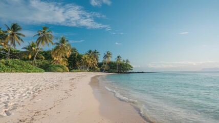 Fototapeta premium Serene tropical beach landscape with palm trees and clear waters a perfect getaway for nature lovers and travel enthusiasts