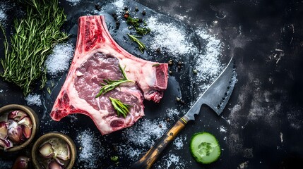 Raw ribeye steak with rosemary on a dark slate surface, ready for cooking.