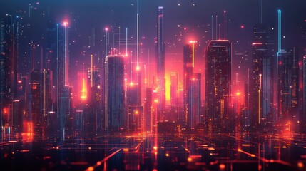 Obraz premium Vibrant futuristic cityscape illuminated by neon lights at dusk