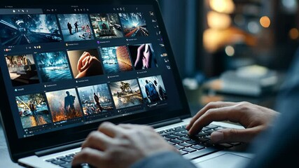 A person is using a laptop to edit photos, the screen shows a grid of different images