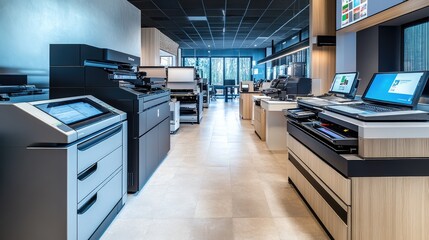 Modern office space with high-tech printers. This photo is great for websites, brochures, and marketing materials for businesses that specialize in office technology.