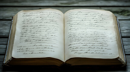Obraz premium An antique book with handwritten text lies open on a wooden table.