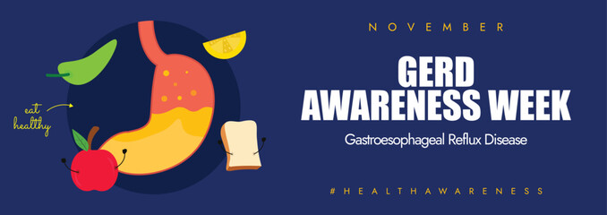 20-26 November GERD awareness week. GERD awareness week celebration cover banner With different fruits encouraging  to eat healthier. The week raise awareness of disease's causes and how to avoid it