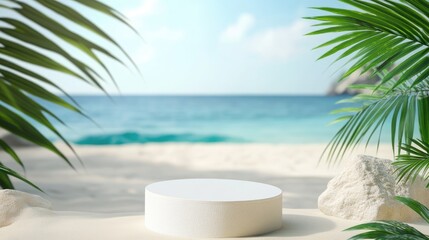 Fototapeta premium White podium on sandy beach with blurred ocean backdrop and palm leaves ideal for showcasing cosmetic products High quality image