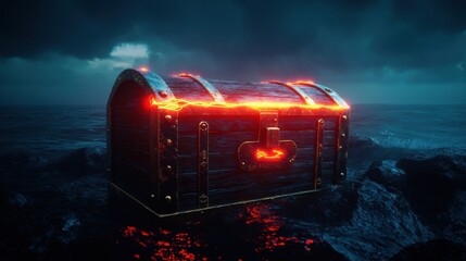 The treasure chest glows with red lightning, representing the intense thrill and preciousness of discovery, set against a dark, mysterious backdrop