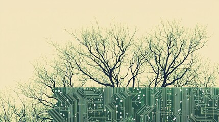 Minimalist Artwork of Tree Branches Transforming into Circuit Boards, Symbolizing the Fusion of Nature and Technology