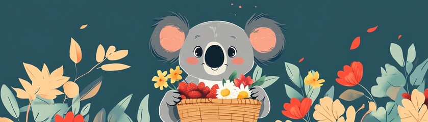 Obraz premium Lovely koala holding basket, flowers, and food, flat design