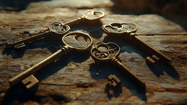 Five antique keys arranged in a circle on a wooden surface.