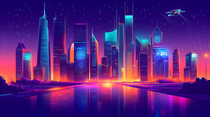 Futuristic cityscape at night with neon lights reflecting on the water.