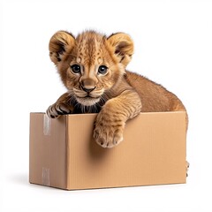 Fototapeta premium Playful Baby Lion Inside Cardboard Box
