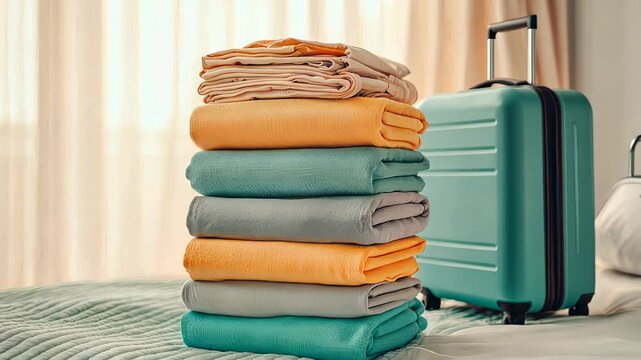 A neat stack of colorful towels beside a suitcase on a bed, ready for travel