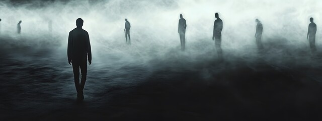 A man walking through fog with his head down, a shadowy figure stands behind him in the mist. Ink painting, dark and gritty,
