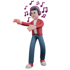 Cartoon 3D Vocal Character. A male singer is standing dancing surrounded by notes with both hands parallel to the right. Male Singer Model