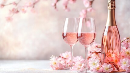 Sparkling rose wine in a bottle and glasses accompanied by soft pink blossoms evokes a romantic and festive atmosphere