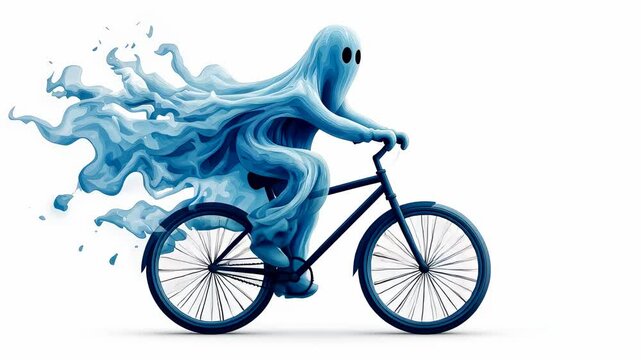 A whimsical ghost rides a bicycle, trailing a blue mist